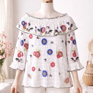 John Mark Blouse Large White 3/4 Sleeve Top Boho Floral Shirt Ruffle Art Stretch